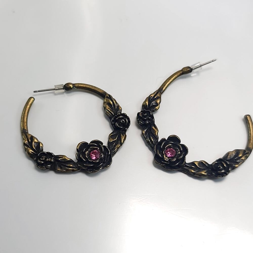 Vintage Bronze Floral Hoop Earrings with Pink Rhinestone Accents Jewelry